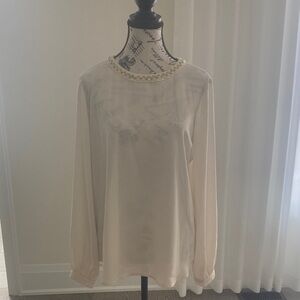 Karl Lagerfeld Beaded Neckline Long-Sleeve Blouse - Cream